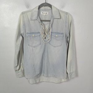 Madewell Chambray Top Women's XS Light Wash Lace Up Neckline Pockets